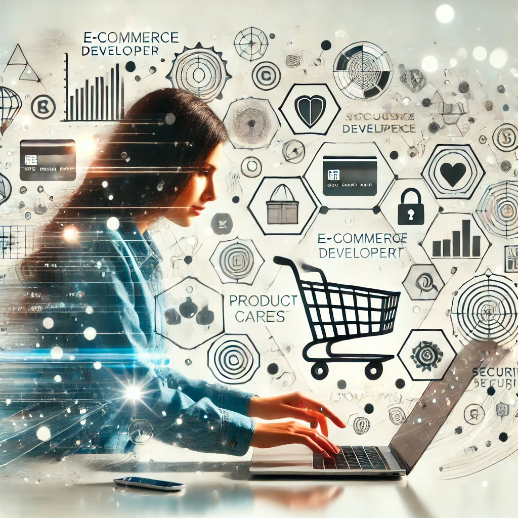 A graphic depicting a female e-commerce developer, sitting at a laptop, with ecommerce and online icons flashing around as ideas.  E-Commerce Designers, Red Dust Snow, Albury Wodonga 