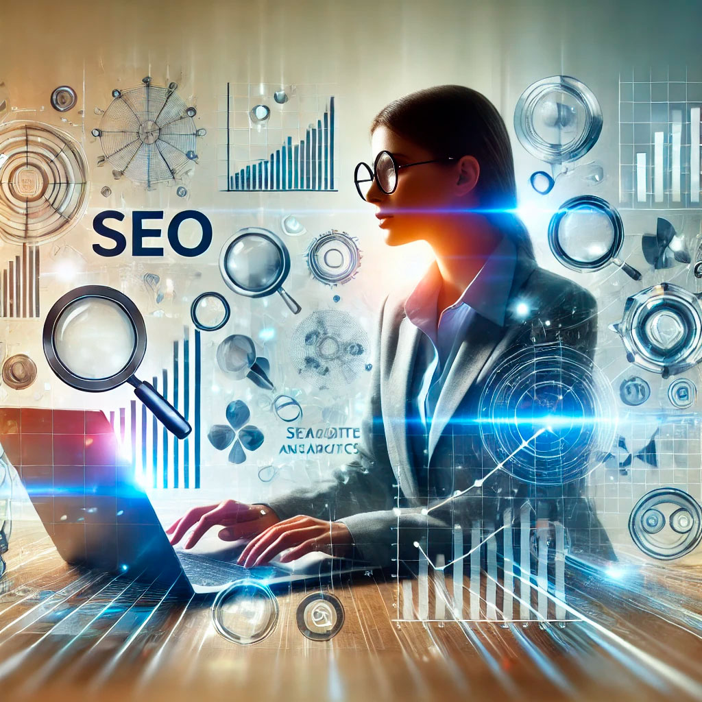 A graphic depicting a woman sitting at her desk, type on a laptop, while SEO icons and ideas swirl around her. SEO Albury Wodonga - Red Dust SnowRed Dust Snow elements of the Search Engine Optimisation process. Graphic By AndSus