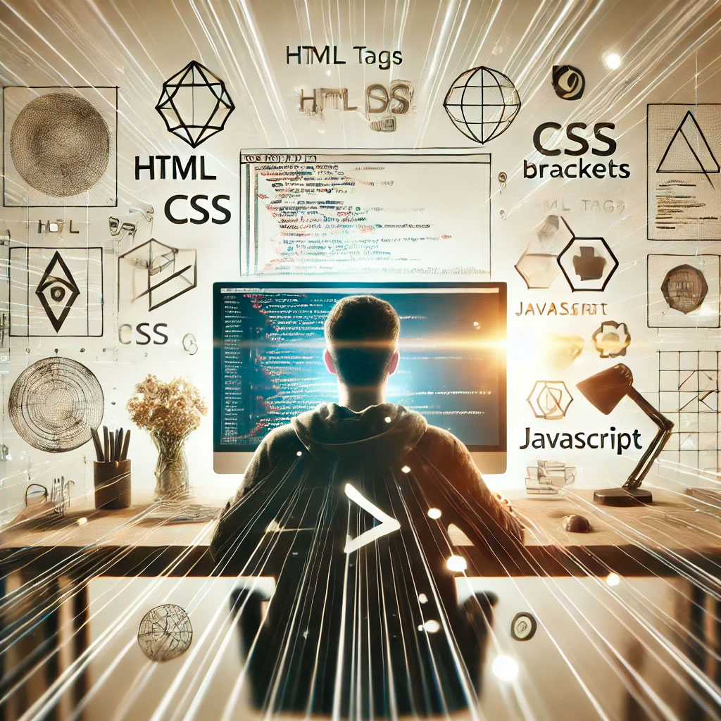 A graphic portraying a website designer sitting at a desk working on a laptop while thoughts, ideas, and website elements swirl around his head. Website design Albury Wodonga - Red Dust Snow