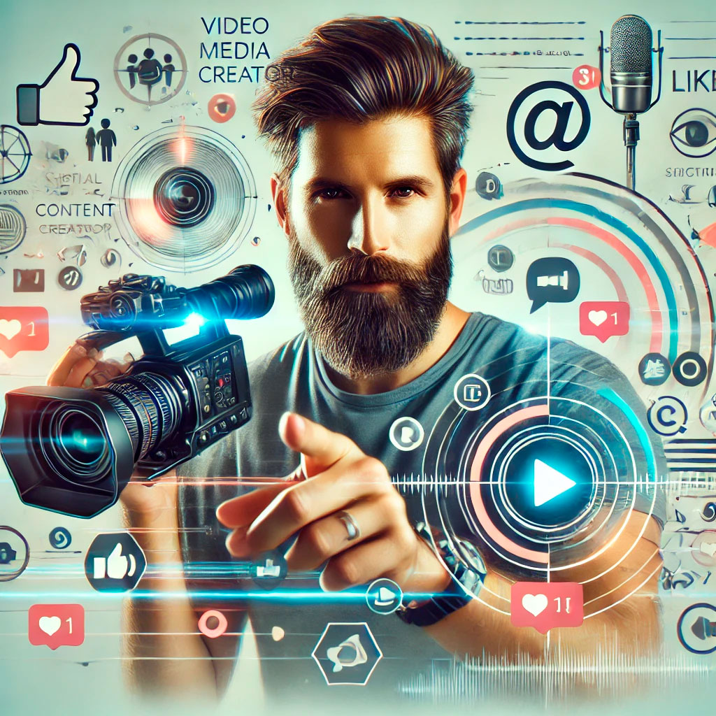 A graphic depicting a professional, male, content creator looking at the camera with a video camera in his hand with icons and symbols regarding various content types swirl around his head.  Content Creation Albury Wodonga - Red Dust Snow